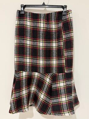 Knit Plaid Mermaid Flared Midi Skirt - Black/White/Red